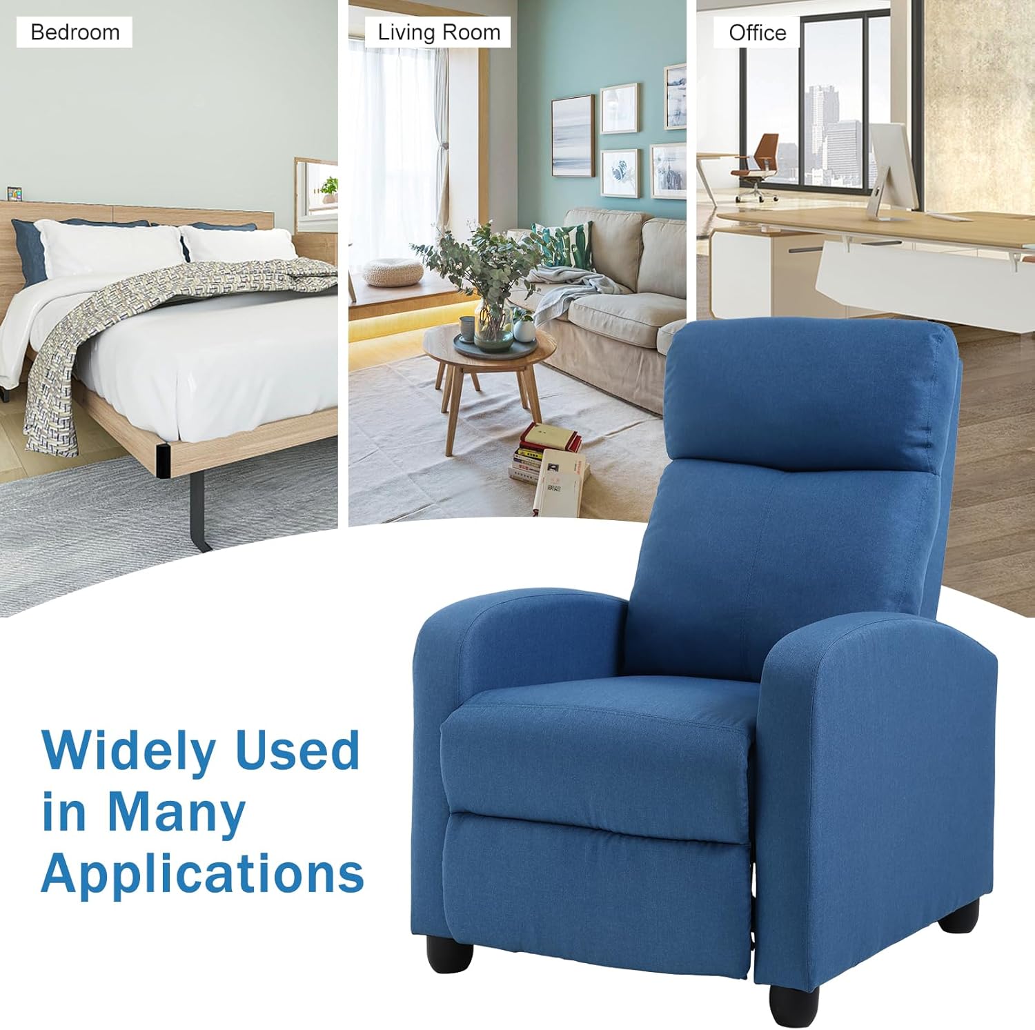 Recliner Chair for Living Room, Fabric Sleeper Chairs for Adults, Adjustable Comfortable Chair Single Sofa Chair Reading Chair for Bedroom with Footrest (Leather, Blue)