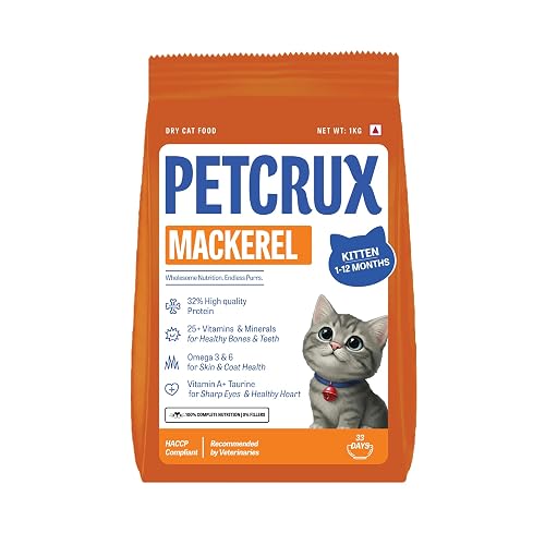 Petcrux Dry Kitten Cat Food, Mackerel Fish Flavor, with Omega 3 & 6 and Taurine, Complete & Balanced Nutrition for Growing Kittens, 1 kg