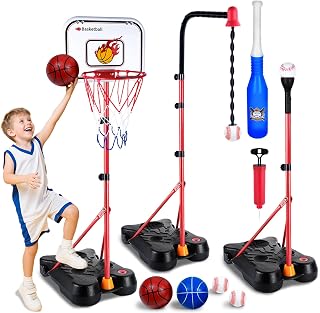 SIOTMERA 4 in 1 Kids Basketball Hoop and T Ball Set, Adjustable Height Toddler Basketball Hoop with Hanging Tee Baseball, Outdoor Indoor Toys Gifts for Boys Girls Ages 3-8