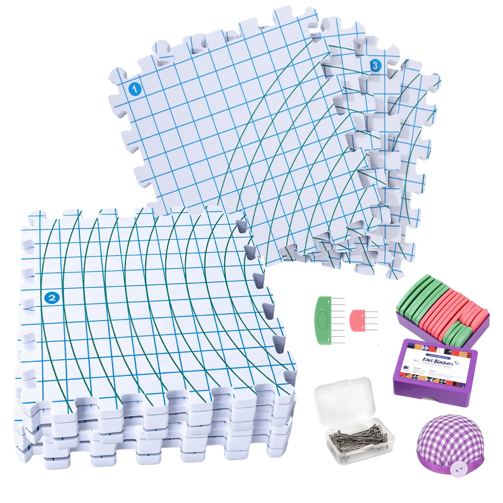 IDAMAKON 9 Stück Blocking Matte mit Raster Extra Dicken Spannmatten Stricken Spannmatten Für Handarbeiten mit Knit Blockers Box Nadelhalter und 180 Formnadeln für Stricken Häkeln & Granny Squares