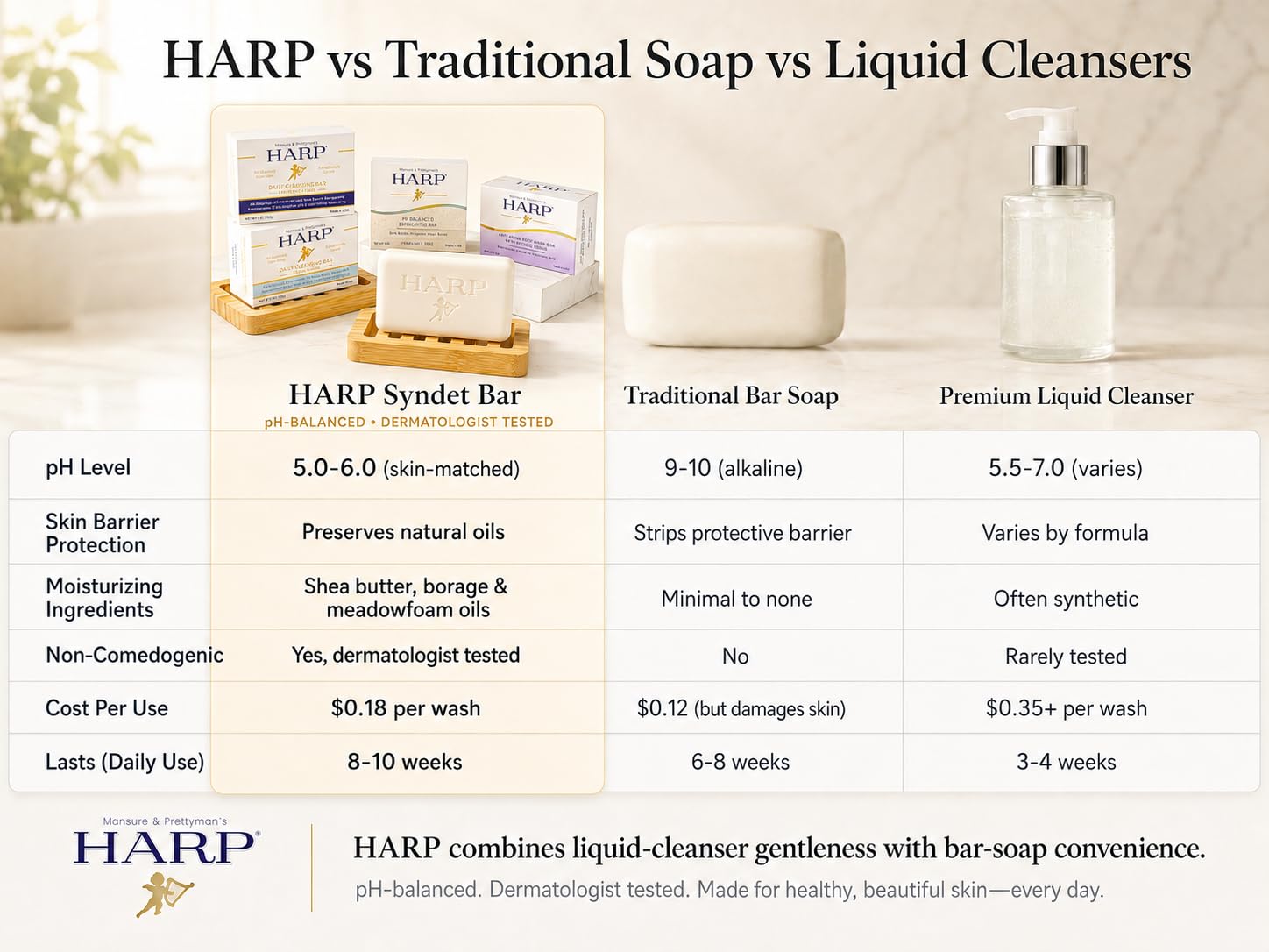 HARP pH-Balanced Syndet Body Wash Bar with Shea Butter & Borage Oil