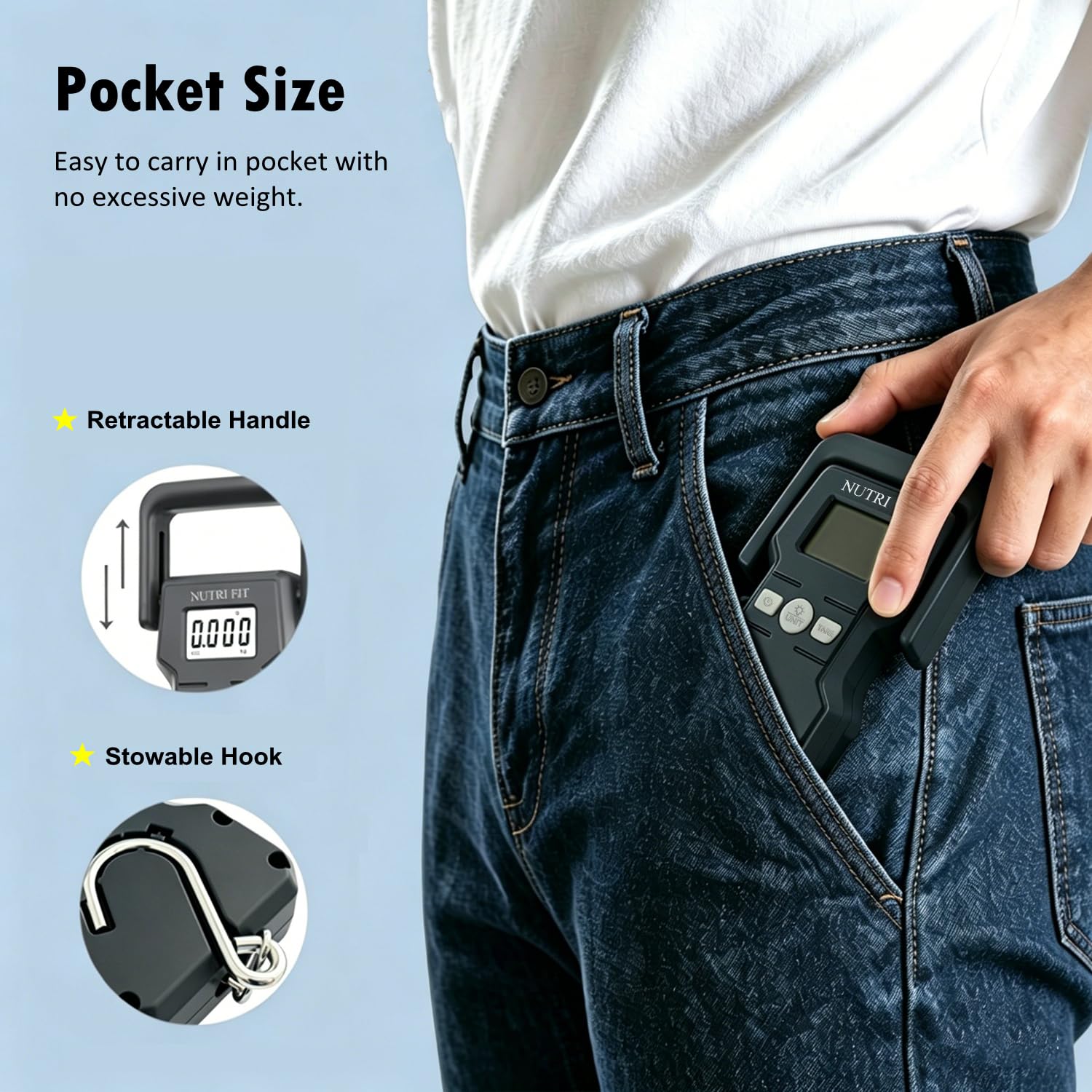 NUTRI FIT Cyfrowa waga bagażowa, waga bagażowa z taśmą mierniczą, elektroniczna waga do ryb, 50 kg/110 lb waga wisząca waga pocztowa z hakiem do podróży, wędkowania, ważenia paczek, podświetlany
