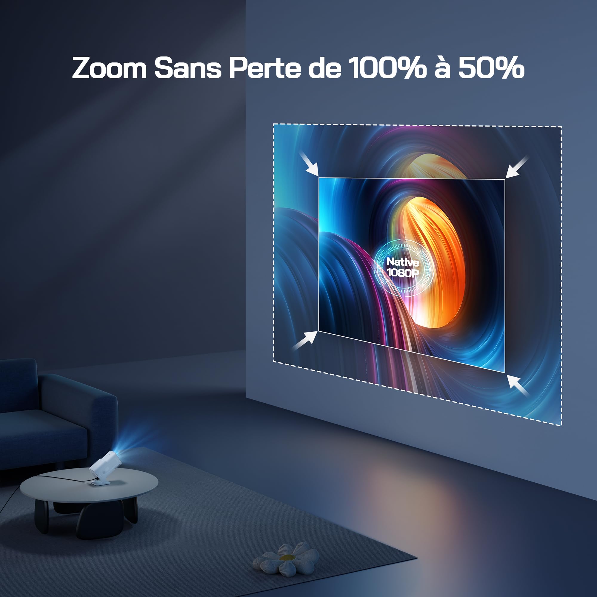 WOLFANG 4K Videoprojecteur【Application Intégrée/Netflix Officiel】, 26000 Lumen Retroprojecteur avec WiFi 6, Zoom 50%, 180° Rotation Mini Projecteur pour Home Cinema/TV Stick/iOS/Android/PC/PS5/HDMI/AV