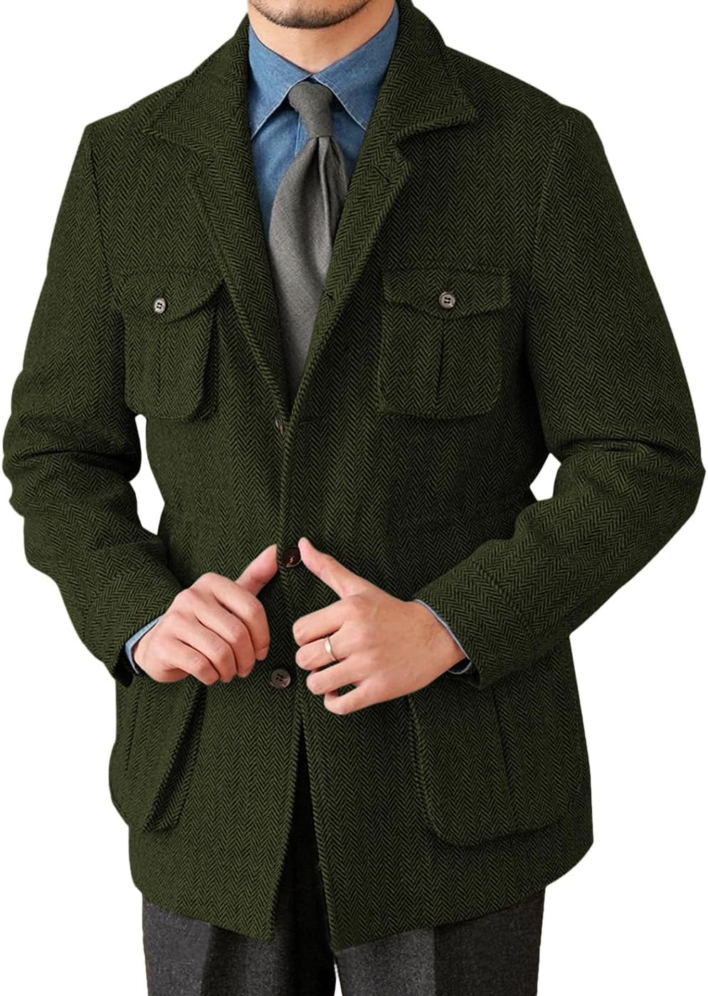 Men's Herringbone Tweed Blazer Vintage Sport Coats Three Button Wool Blend Formal Coat with Four Pockets