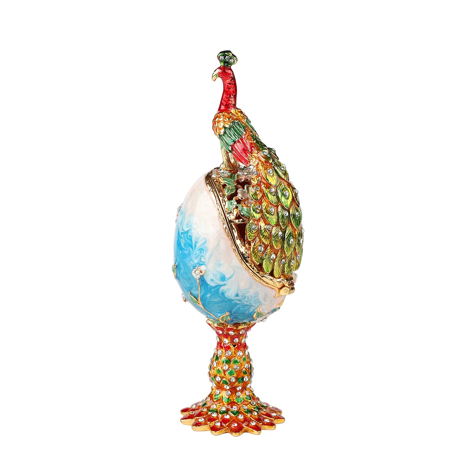 QIFU Vintage Blue Peacock Style Easter Egg Trinket Box Hinged, Unique Gift for Family(QF1486)