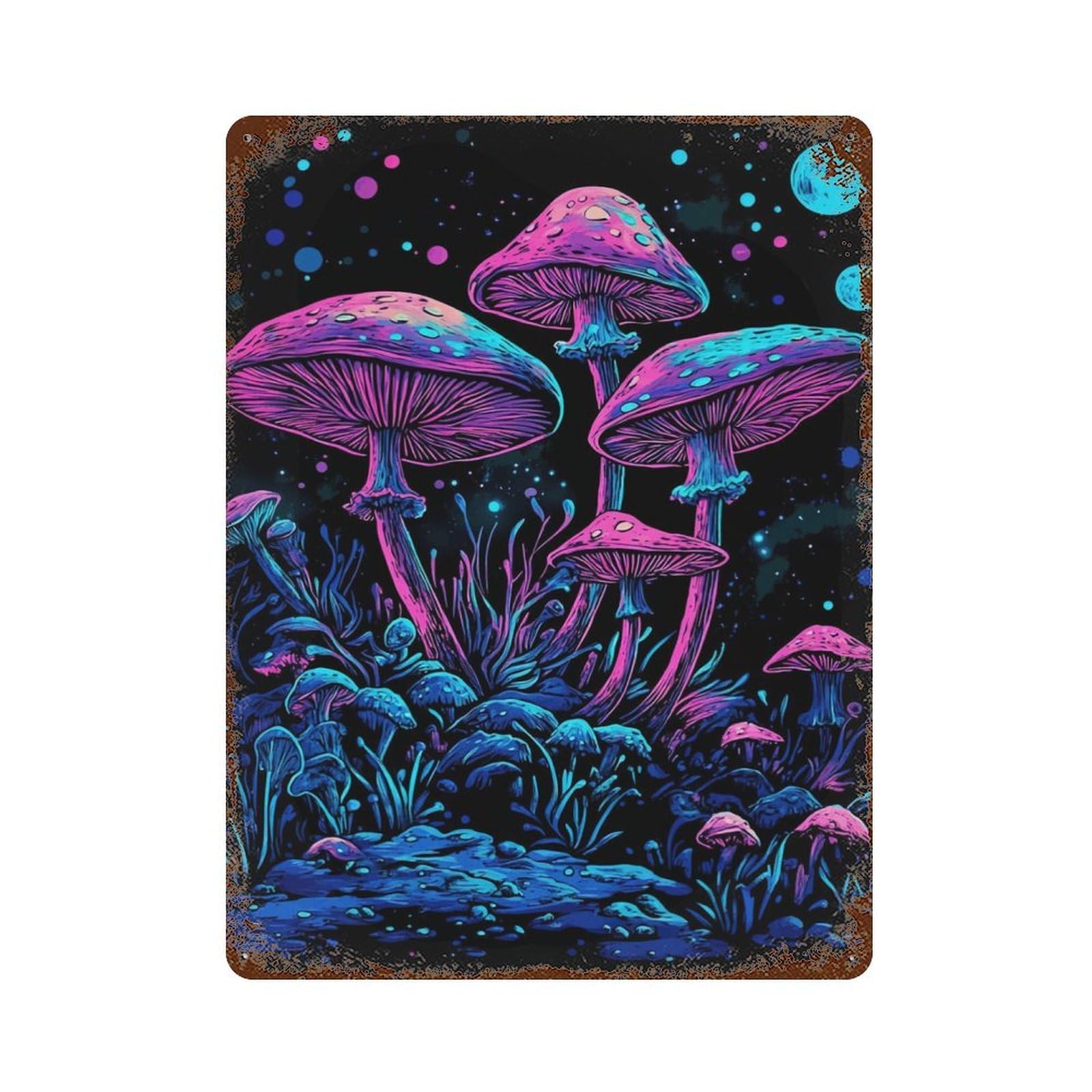 Psychedelic Mushroom Forest Weathered Tin Sign 15.7"x11.8", Classic Wall Plaque for Garage, Bar And Workshop Decor