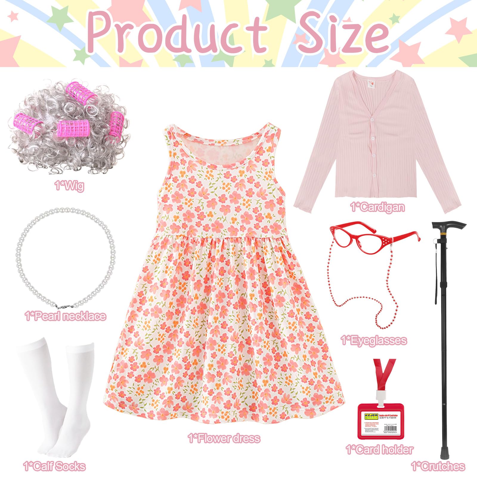 2Kids110 Kid 100th Day of School Costume, Old Lady Costume for Girls, 100 Days of School Costume Grandma Granny Wig Accessories Outfit