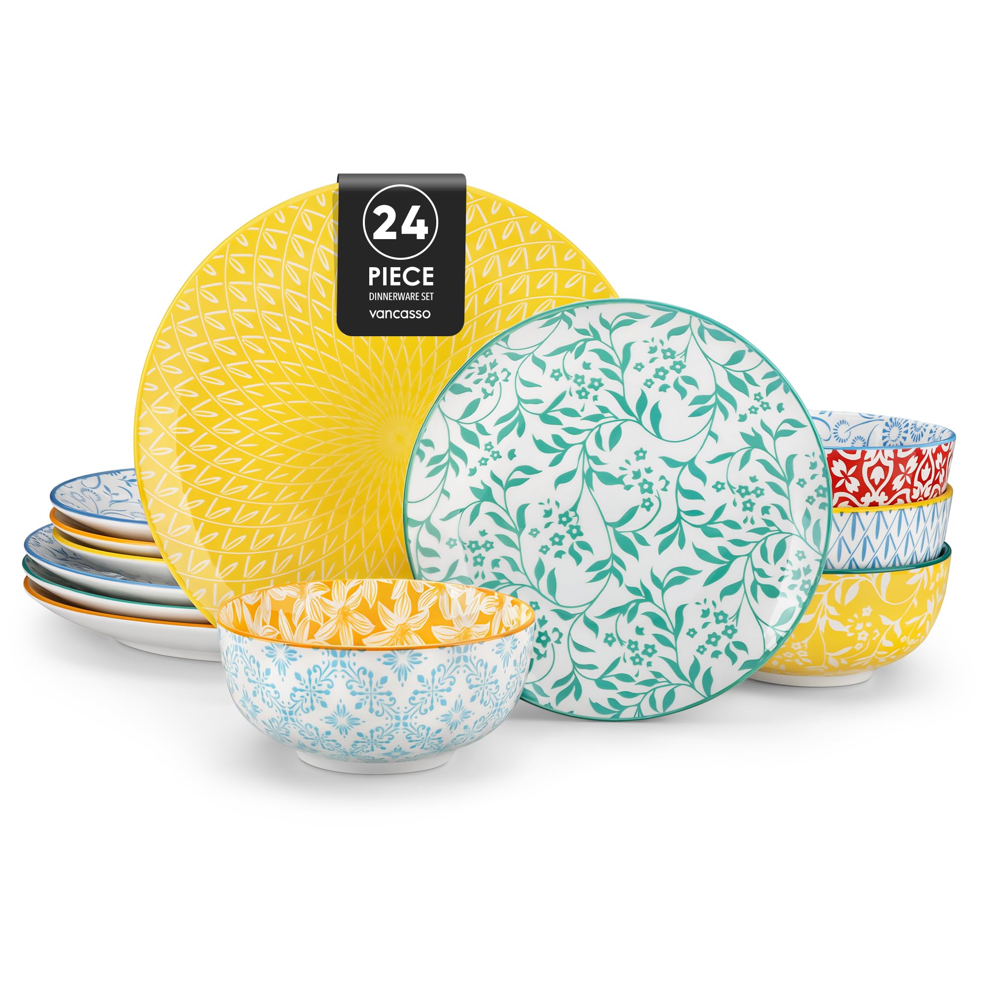 vancasso Selene Colorful Floral Plates and Bowls Set for 8, 24-Piece Ceramics Dinner Sets with Dinner Plates/Dessert Plates/Cereal Bowls, Mircowave & Dishwasher Safe