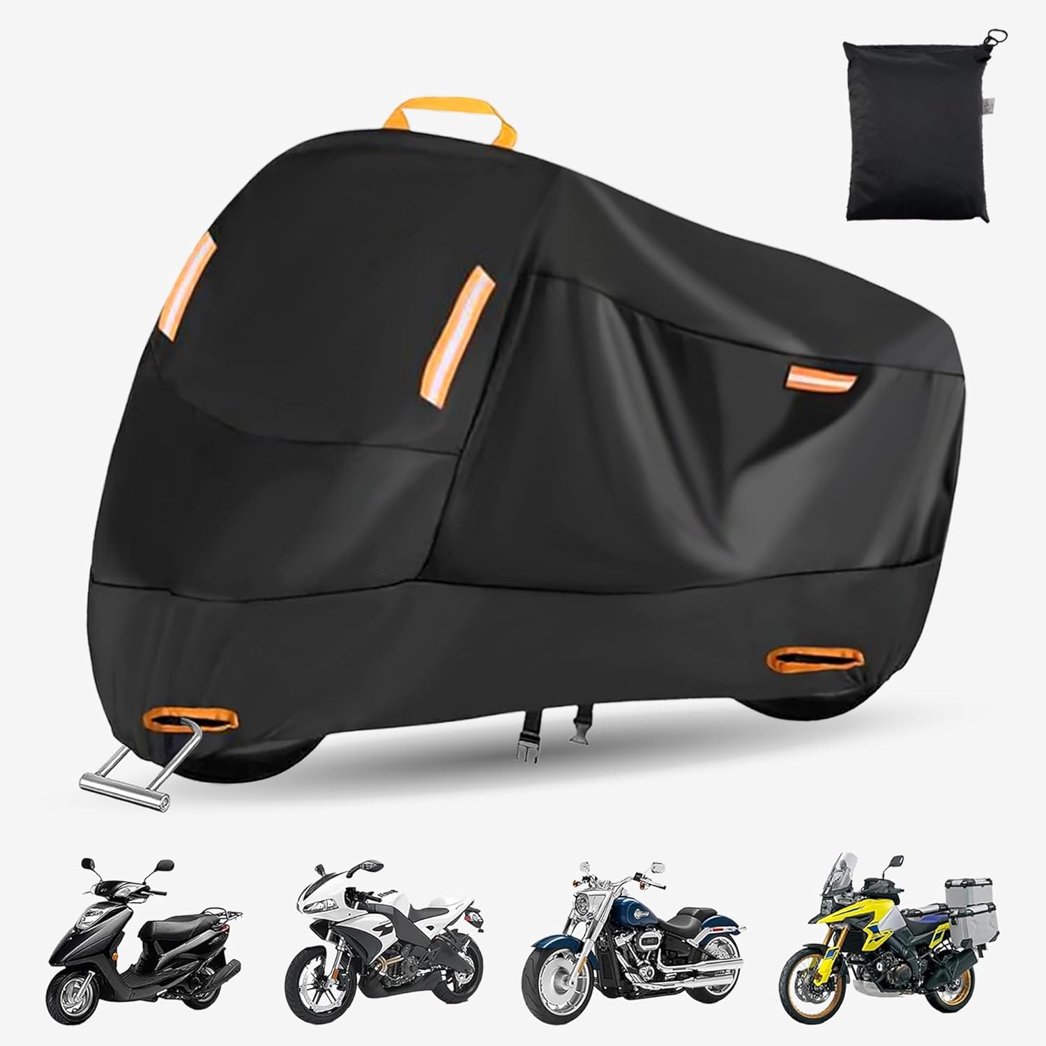 Motorcycle Cover Waterproof Outdoor 420D, All Season Rain UV Protection, Full Enclosed Secure Fit for Bikes with Luggage, Durable Heavy Duty, Lock Holes, Reflective, Storage Bag, Fits up to 104"