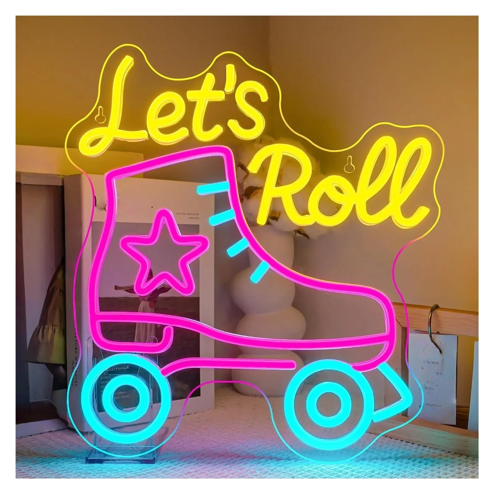 XENITE Hanging Art Neon Signs Let's Roll Neon Sign Roller Skating LED Light Dimmable USB Powered for Skates Store Party Business Wall Decor 13.77inx12.59in