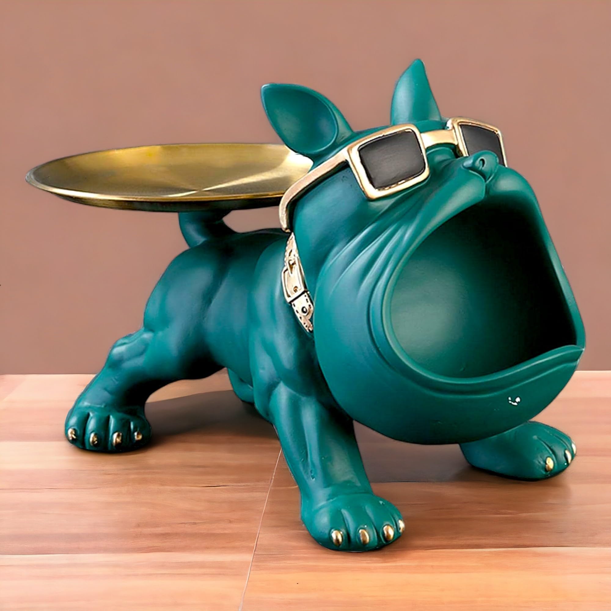 SkyKey Home Decor Bulldog Storage Butler Sculpture Showpiece for Living Room Tray and Bowl Decorative Statue For Gift, Home, Bedroom, Office Desk Decor Storage for Keys, Jewellery, and Trinkets, Green