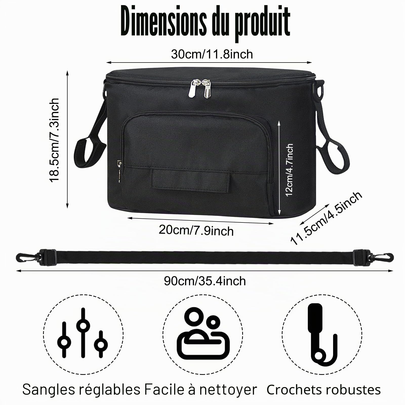 Organisateur Poussette Universel Imperméable Sac de Rangement pour Poussette en Oxford avec 2 Porte Gobelets Isothermes et Bandoulière Réglable Idéal pour Biberons, Couches et Accessoires Bébé (Noir)