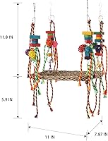 Vista 7 de Juguete de pared de forrajeo de pájaros, juguetes para masticar loros, hamaca tejida de hierba marina con cuerdas de colores, bloques de madera