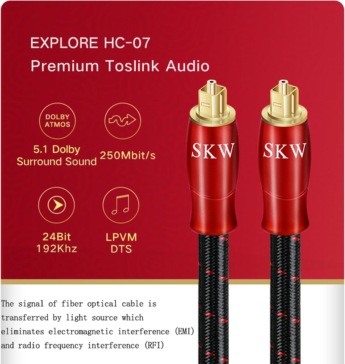 SKW Entry Level HC Series Digital Optical Audio Toslink to Toslink Cable 9.8ft/3M