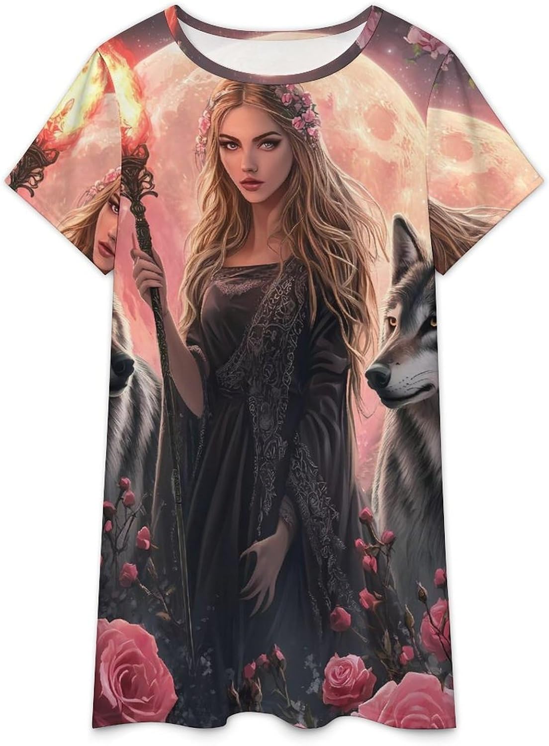 Witchcraft Goddess with Wolf Dogs Womens Nightgown Short Sleeve Sleepshirts Loungewear