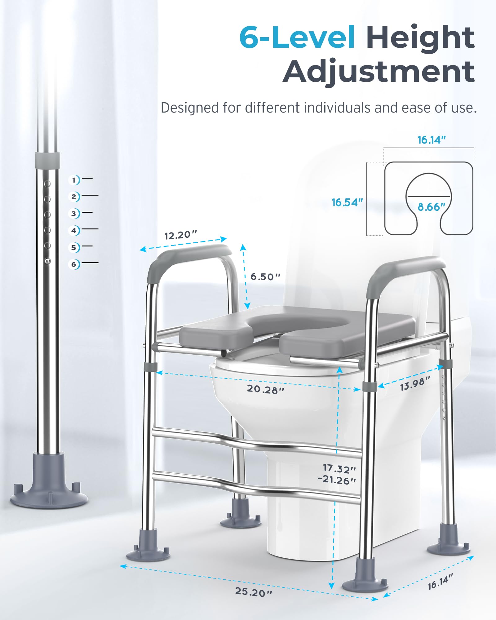 Tavoletta rialzata per WC, con maniglie, alzata per WC con altezza regolabile, telaio di assistenza di sicurezza per il bagno per anziani, post-operatorio, disabili, adatto a qualsiasi WC,
