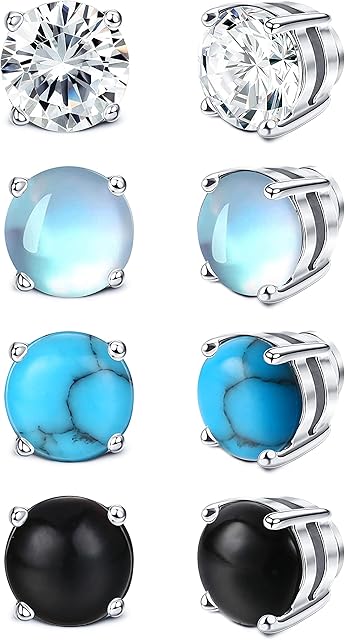 LOLIAS 4 Pairs Magnetic Stud Earrings for Women Men Zircon Moonstone Earrings Turquoise Black Earrings Round Gemstone Magnet Non Piercing Clip On Earrings