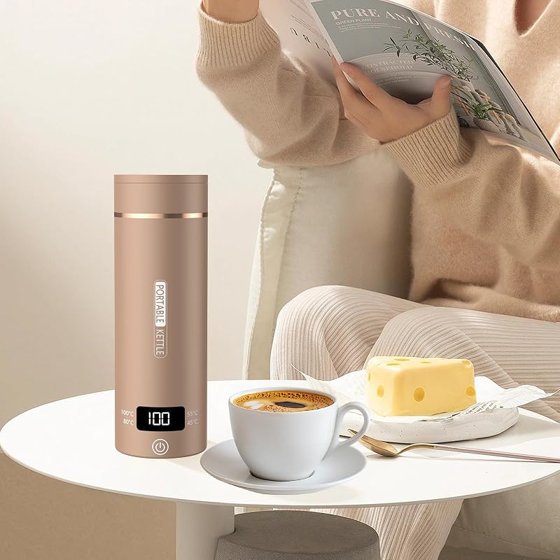 Fierbător electric de călătorie Bindokun maro, 500 ml, mini cană din oțel inoxidabil 316 cu închidere automată pentru ceai, cafea și lapte pentru bebeluși