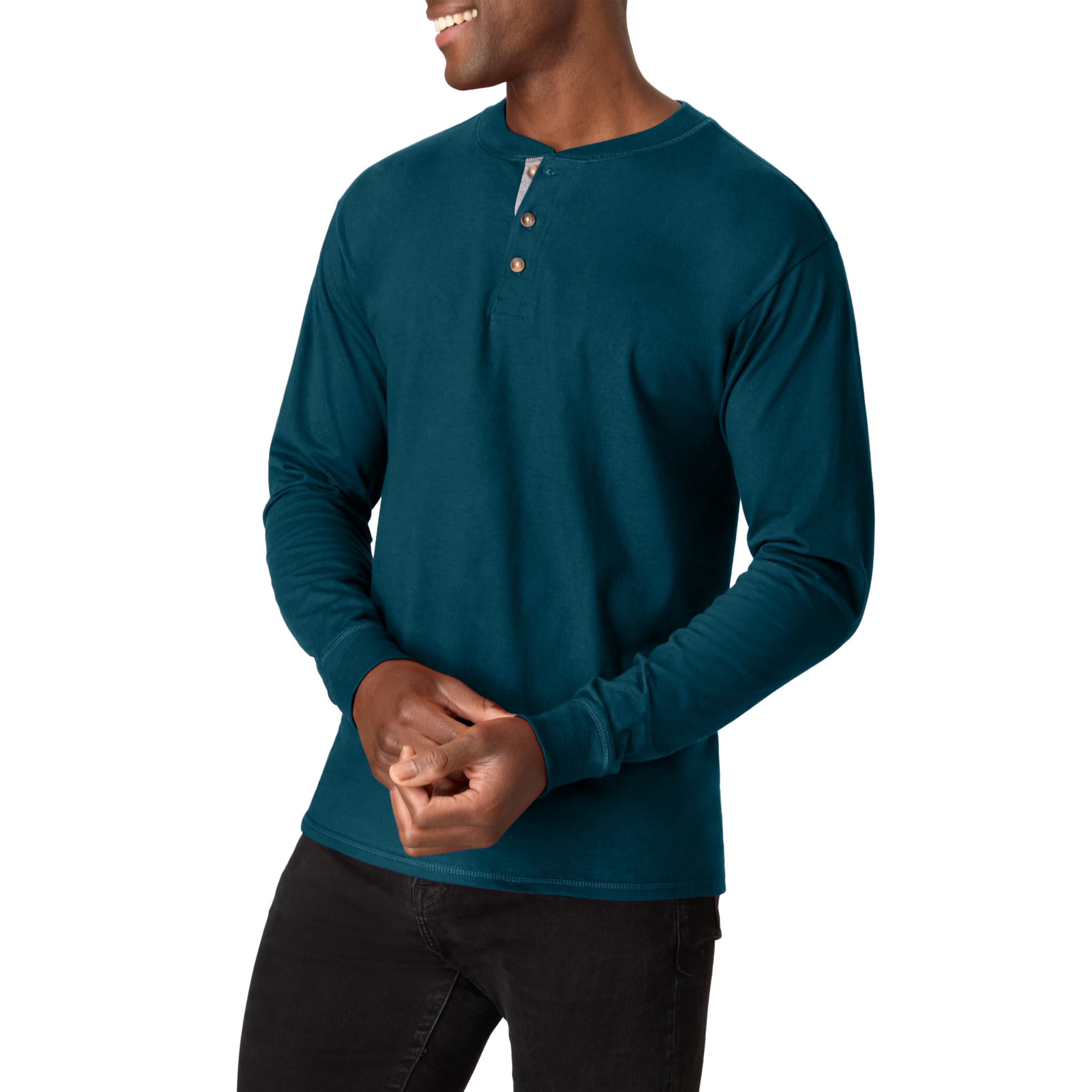 Hanes Men's Long Sleeve Beefy Henley Shirt, Petro Teal, Large