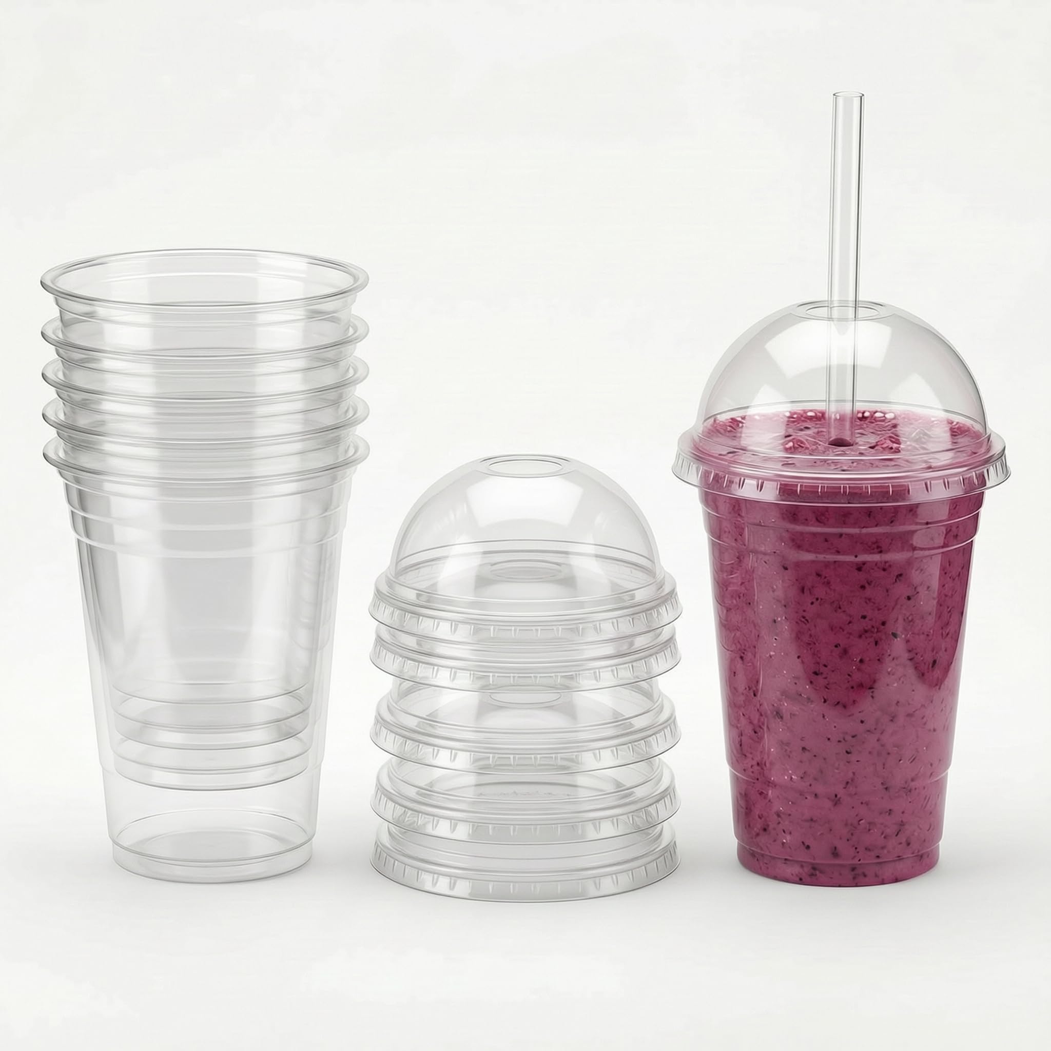 Venuscello® 200 x Reusable Smoothie Cups with Domed Lid 12oz (300ml) Clear Plastic Slush Cups for Milkshake Bubble Tea Iced Coffee Cold Drinks Party Catering Cups