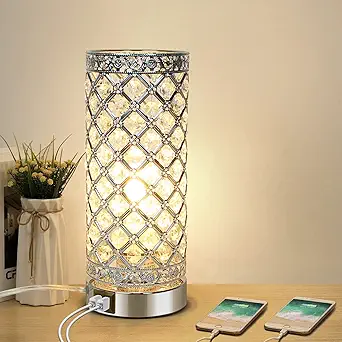 Touch Control Crystal Table Lamp with Dual USB Ports, 3-Way Dimmable Gold Lamp, USB Bedside Light with Crystal Shade, Girls Lamp for Bedroom, Modern Nightstand Lamps for Bedroom Living Room