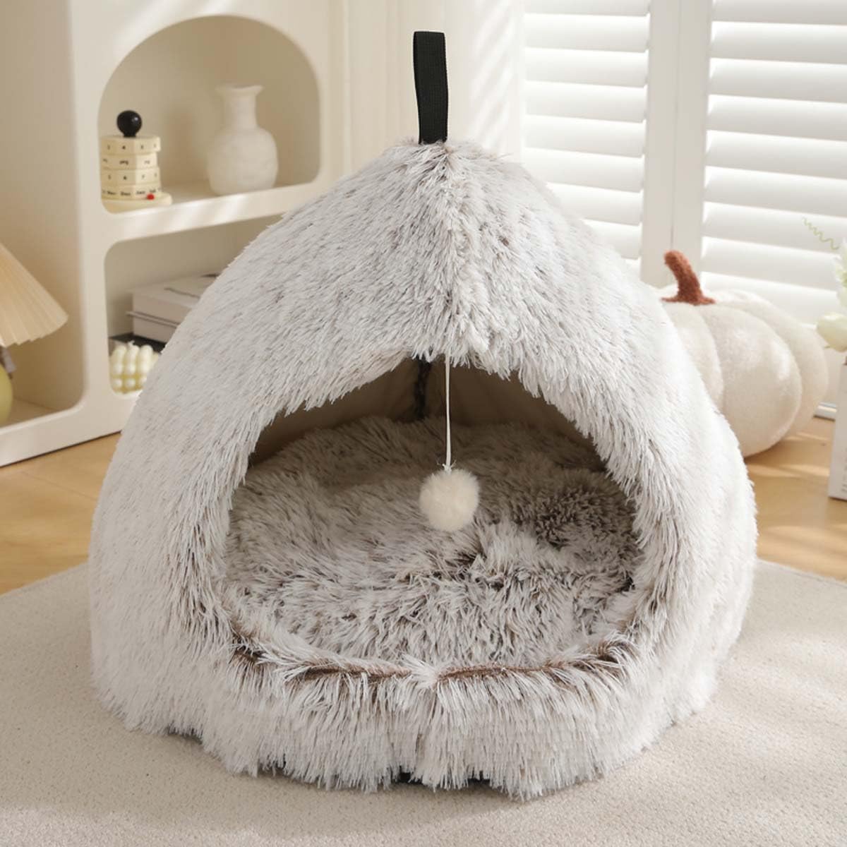 Cat Bed Igloo Cave for Cats Dogs, 2-in-1 Triangle Indoor Pet Tent Fluffy Plush Calming Dog Bed, Cat Nest House with Handle Washable Removable Pillow Cushion (XL:63x63x50cm,Light coffee) โ image 1
