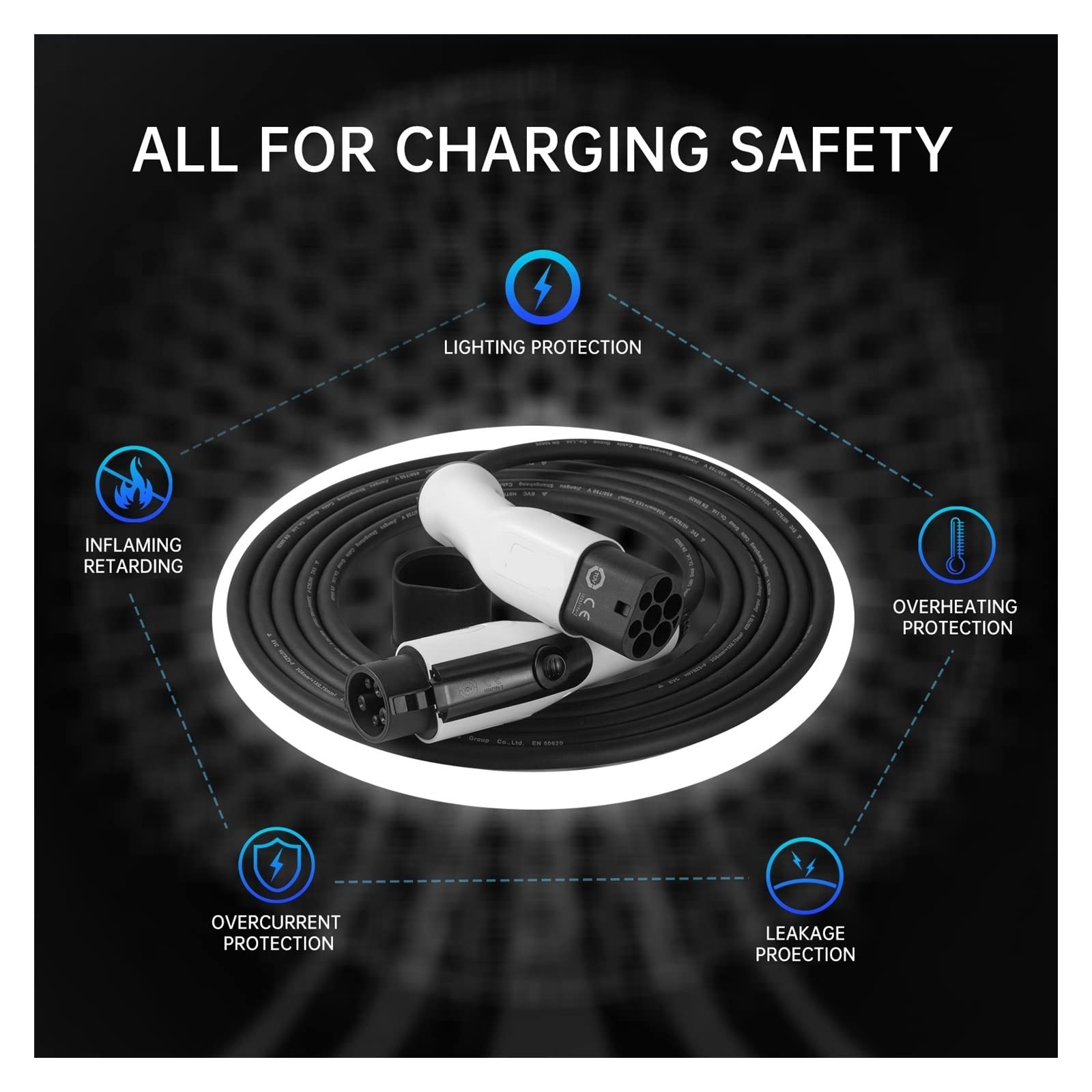 Cable de Carga EV 32A vehículo eléctrico 1 Fase for estación automóvil Tipo 2 a Cargador Tipo Seguro y Estable
