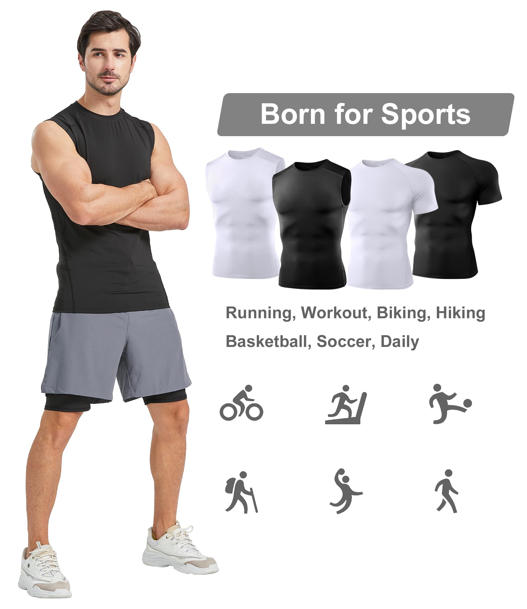Dalavch Paquete de 4 camisetas de compresión y camisetas sin mangas para hombre, camiseta deportiva de manga corta y sin mangas