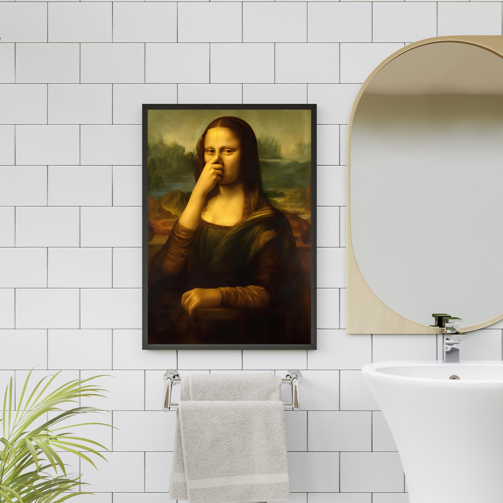 Mona Lisa Mona Lisa Zabawny plakat z papierem toaletowym i gestem zakrywania nosa - ironiczna dekoracja ścienna do łazienki (70 x 125 cm (28 x 49 cali)