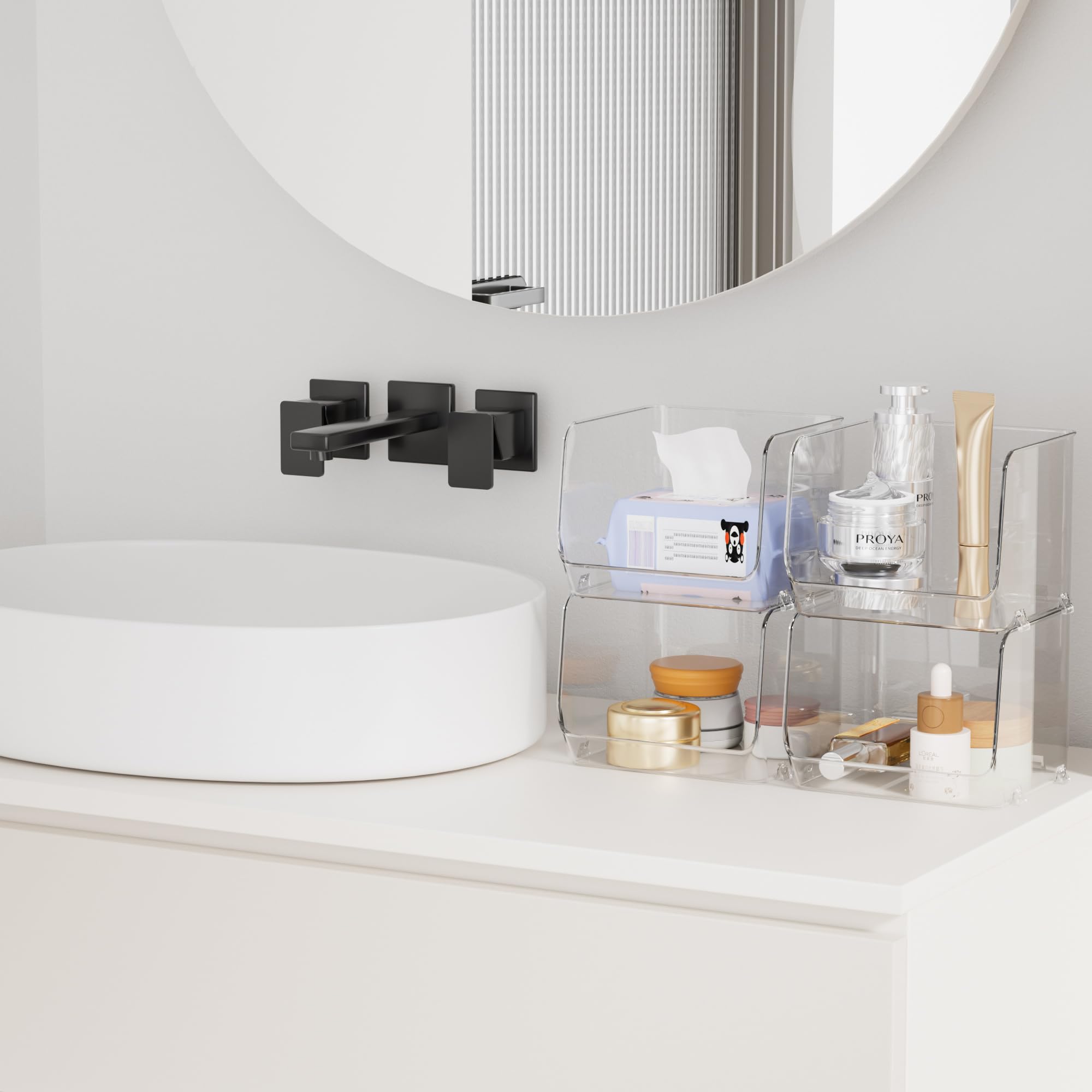 STARLATTA Lot de 4 organiseurs de maquillage pour coiffeuse, comptoir de salle de bain, organiseur de commode en acrylique transparent, bacs de rangement empilables ouverts sur le devant pour parfum,