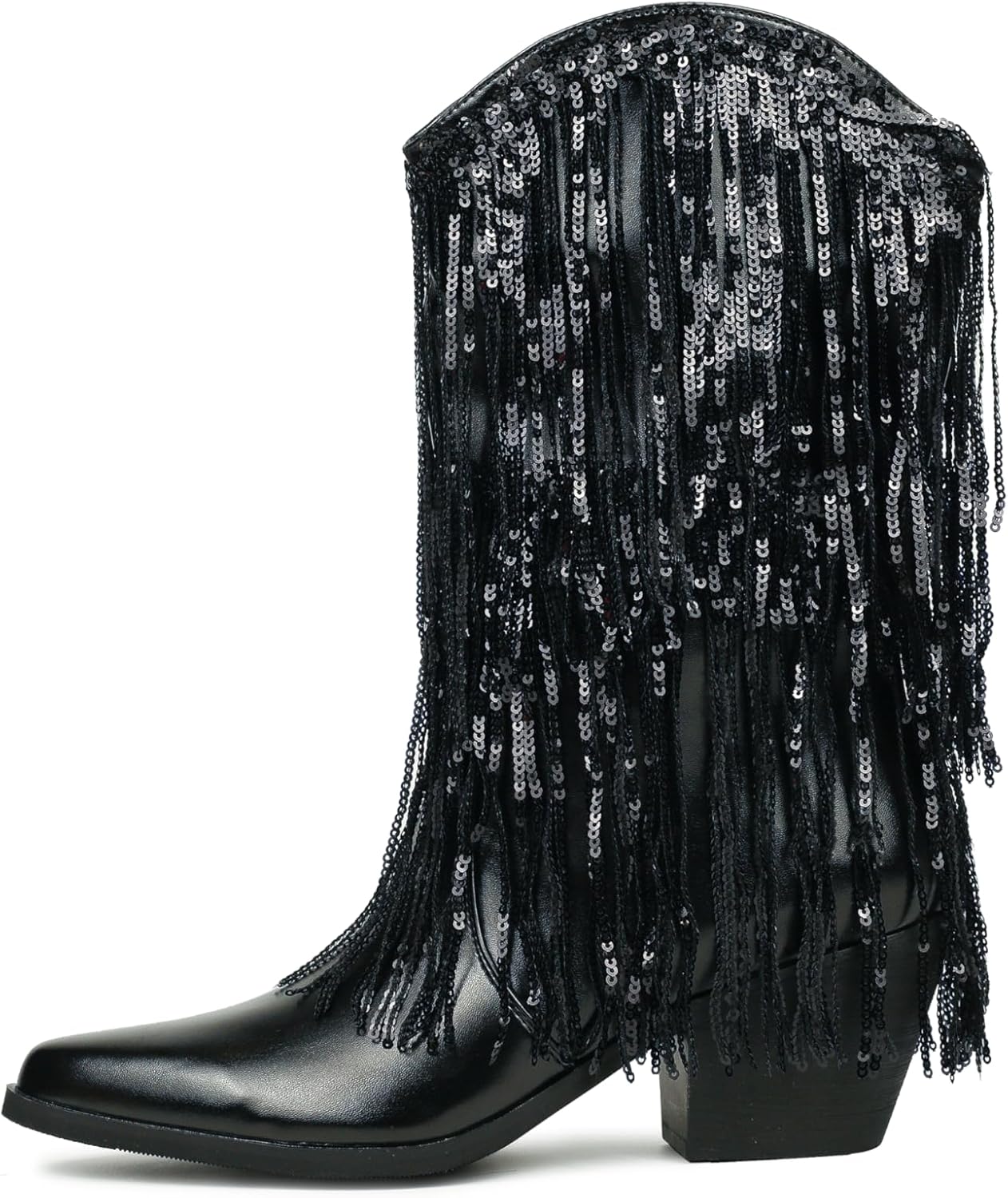 HiColor women's leather-like thick-heeled western pointed booties Black tassels & sequins decorated fashionable boots