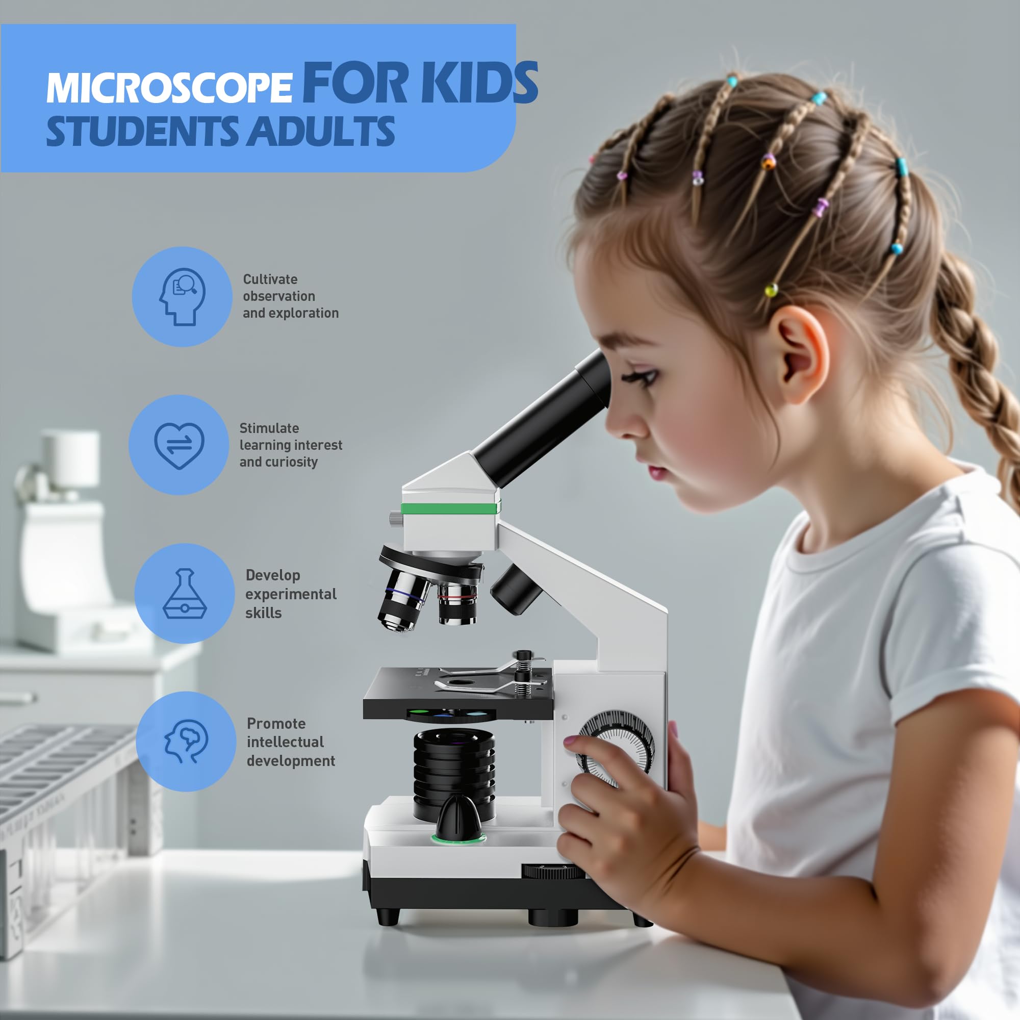 Mikroskop dla dzieci i dorosłych, profesjonalny mikroskop biologiczny dla studentów, laboratorium szkolnego, domu