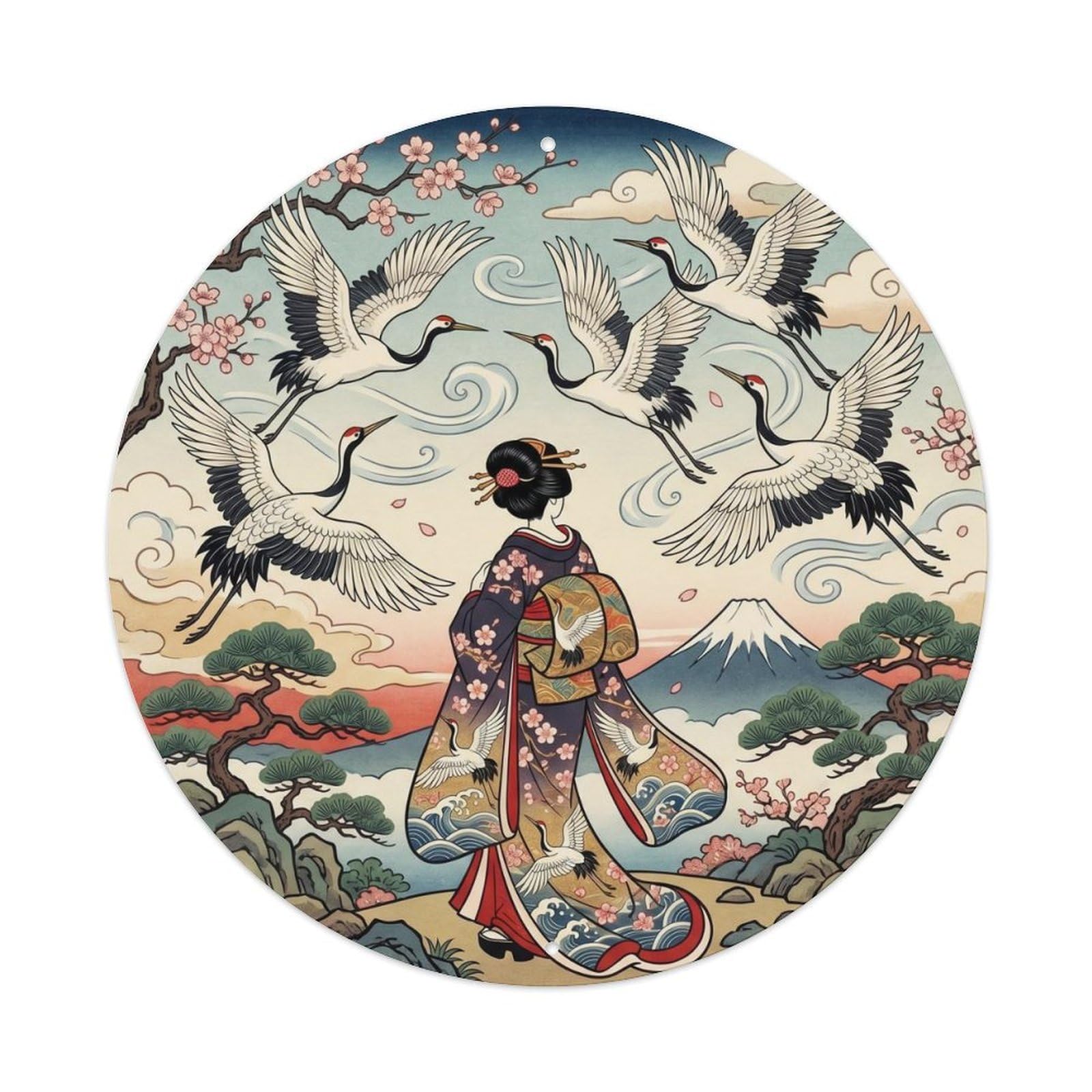 Galvaxio Style Japanese Kimono Woman Observing Cranes Dancing Elegantly Metal Tin Sign