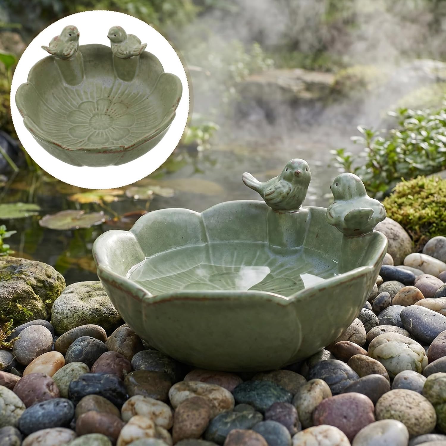 POPETPOP Ceramic Bird Bath Bowl with Bird Ornament for Deck and Patio Versatile Utility and Easy Maintenance Decorative Elegant Ceramic Design