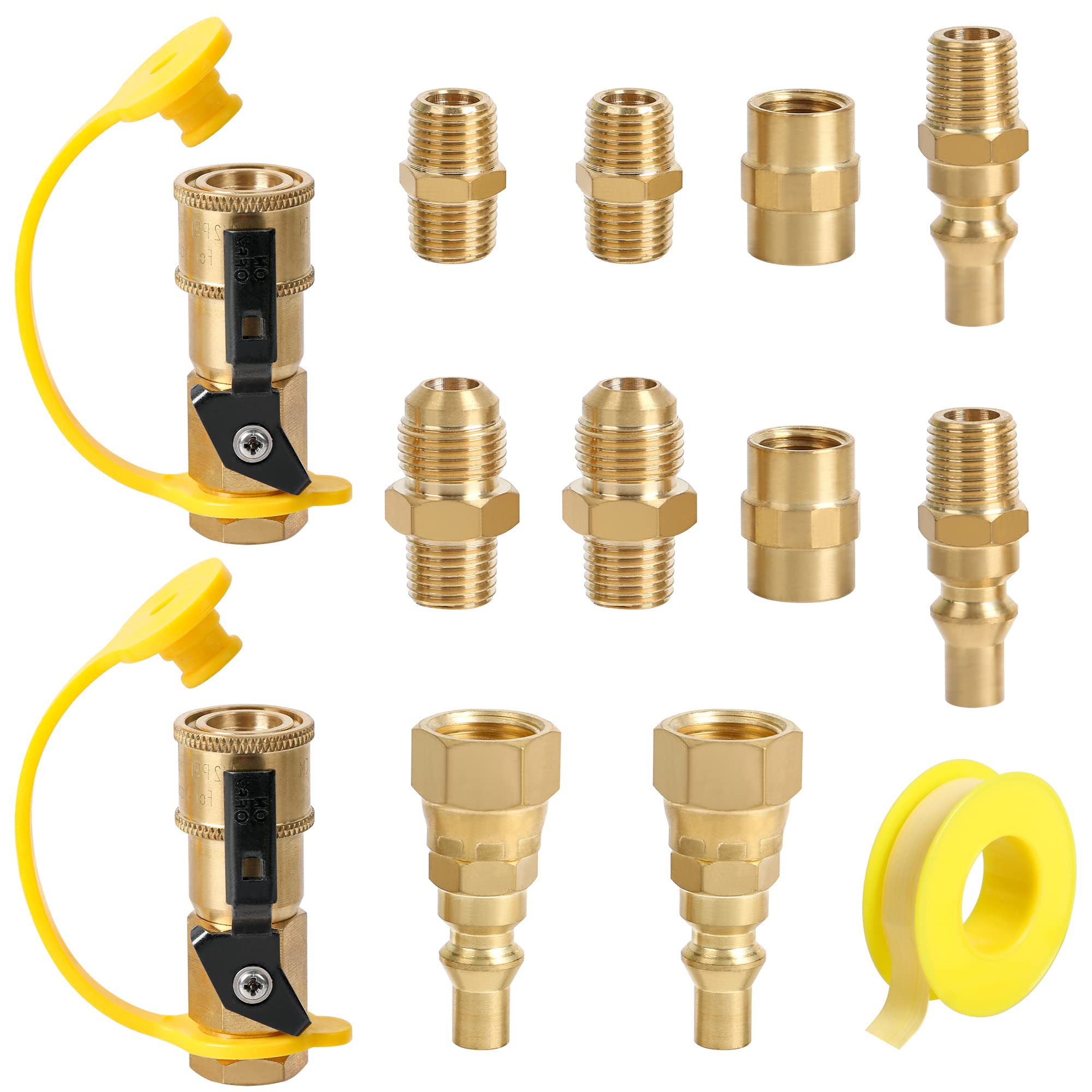 ATKKE RV Propane Quick Connect Fitting Adapter Valve, 1/4" Male NPT Full Flow Plug & 3/8" Male Flare Quick Kit for Low Pressure Gas Appliance Heater Grill Fire Pit and RV Quick Connect, 13pcs