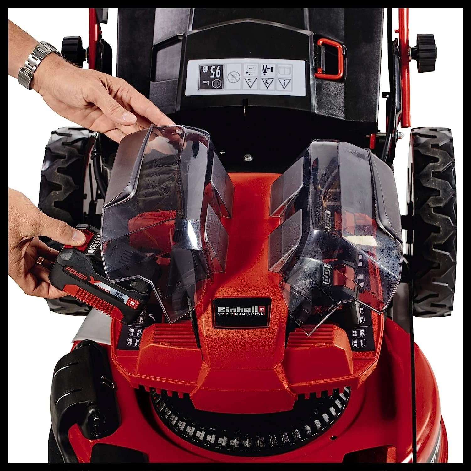 Inserting batteries into the Einhell lawn mower