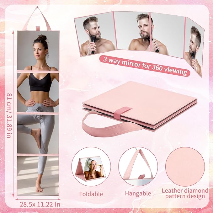 Espejo de cuerpo entero plegable 3 vías con mango de cuero rosa 81x28.5 cm miniatura 3