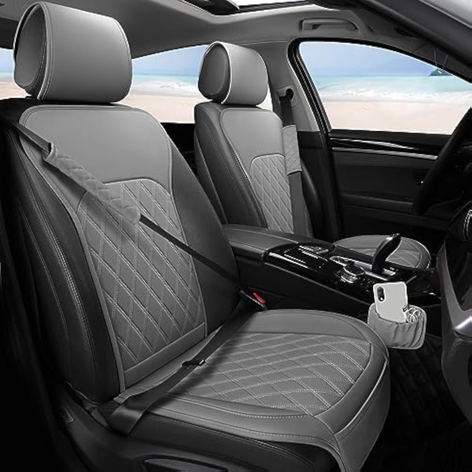 Front Car Seat Covers - Leather Seat Covers with Storage Pocket and Two Belt Pads, Anti-Slip Waterproof Universal Seat Covers for Cars Fit Cars Trucks SUV(Grey,2 Pack)