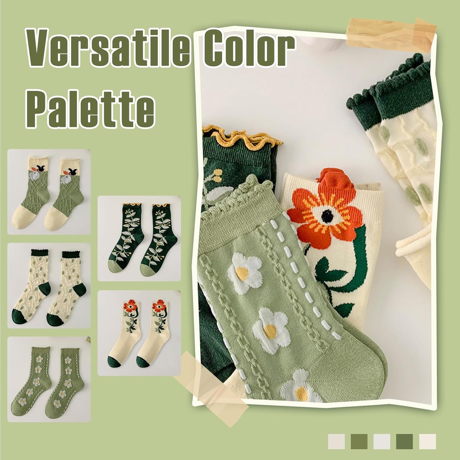 5 Pairs Floral Socks for Women Cute Embroidered Flower Crew Sock Cottagecore Frilly Vintage Fancy Cotton Socks - Image 6