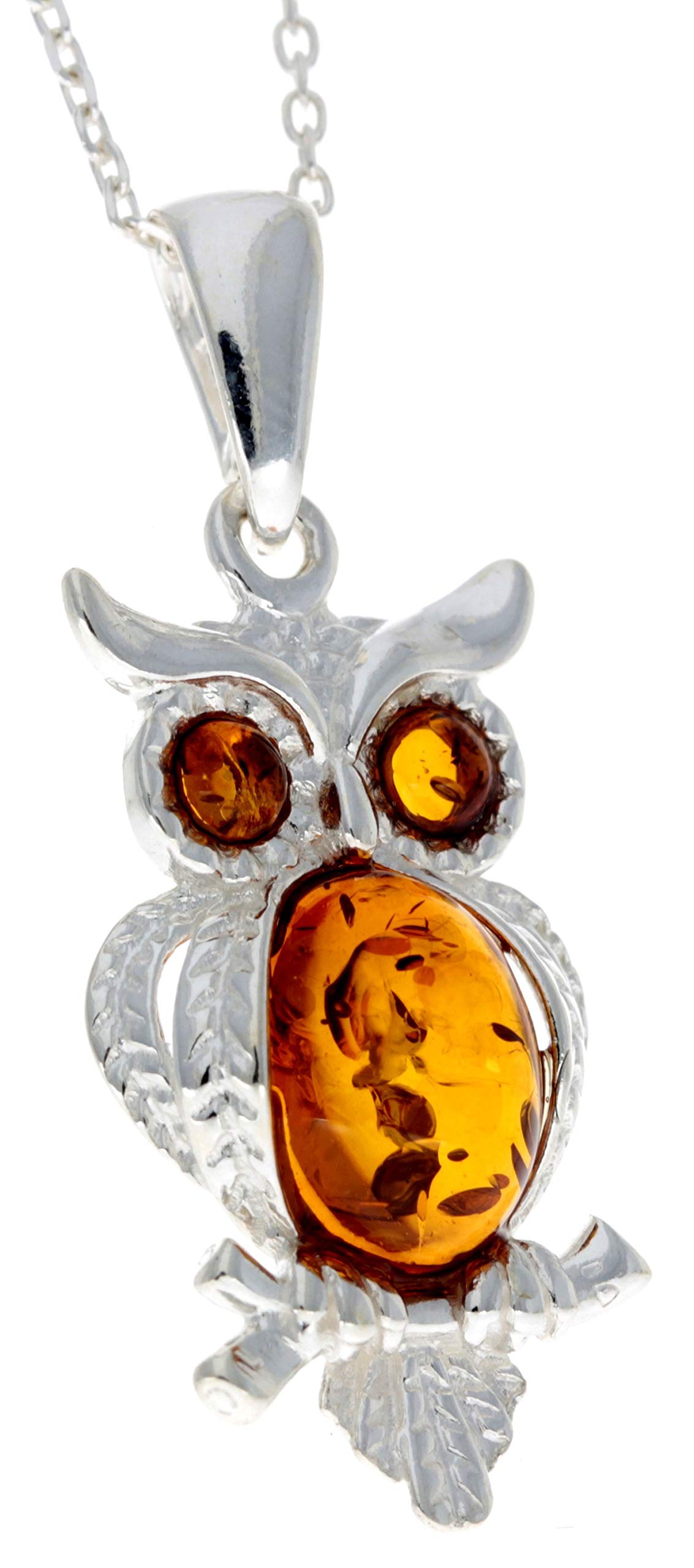 Noda GL359 - Ciondolo a forma di gufo, in vera ambra baltica e argento Sterling, senza catenina, Pietra Argento sterling Resina, Ambra