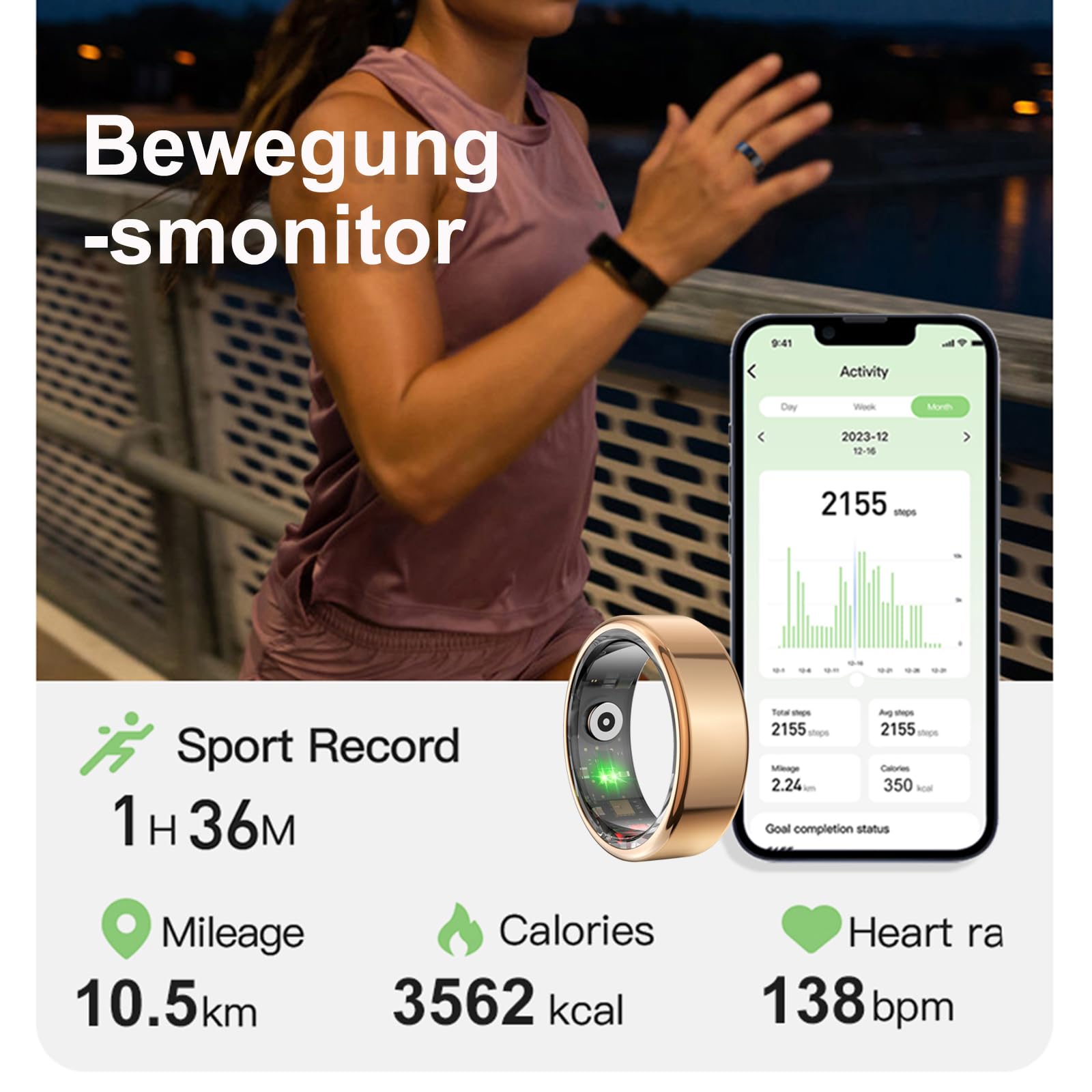 findtime Bague intelligente de fitness Android iOS podomètre pour homme et femme Or argenté Bague de fitness moniteur de fréquence cardiaque Tracker d'activité