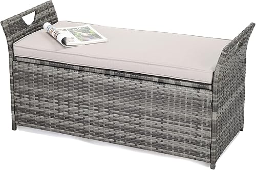VINGLI Banco de almacenamiento para exteriores de 40 galones con cojín, caja de almacenamiento de ratán, caja de mimbre para patio con asiento para