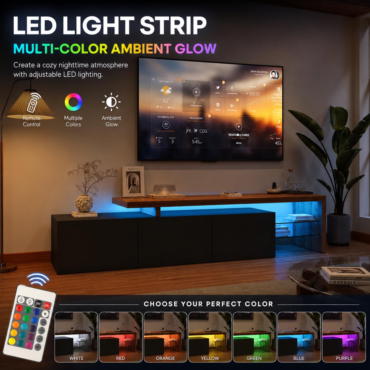 Moderno mueble de TV con LED, mesa de TV con 3 compartimentos, mueble bajo de TV brillante, mesa de salón con estante de cristal, armario de almacenamiento en acabado madera (negro, 200 x 39 x 42 cm)