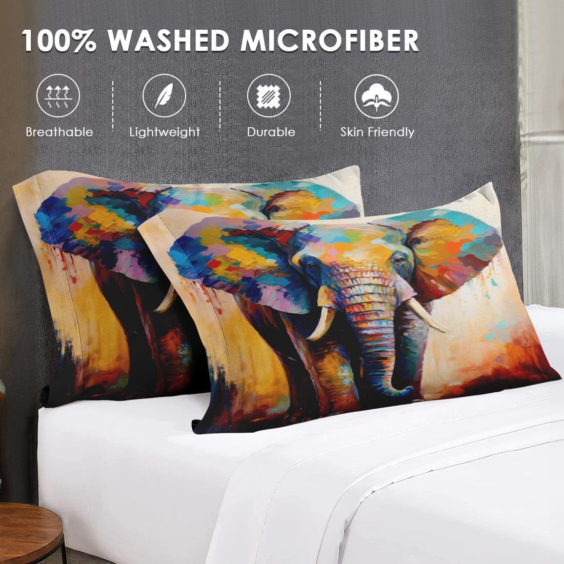 WeCozy Twin Size 3 Pcs Bed Fitted Sheet Set with 14" Deep Pocket, Painting Colorful Elephant Flat Sheet Set for Kids and Adults, Wildlife Animal Bedding with Pillowcase for Bedroom Decor