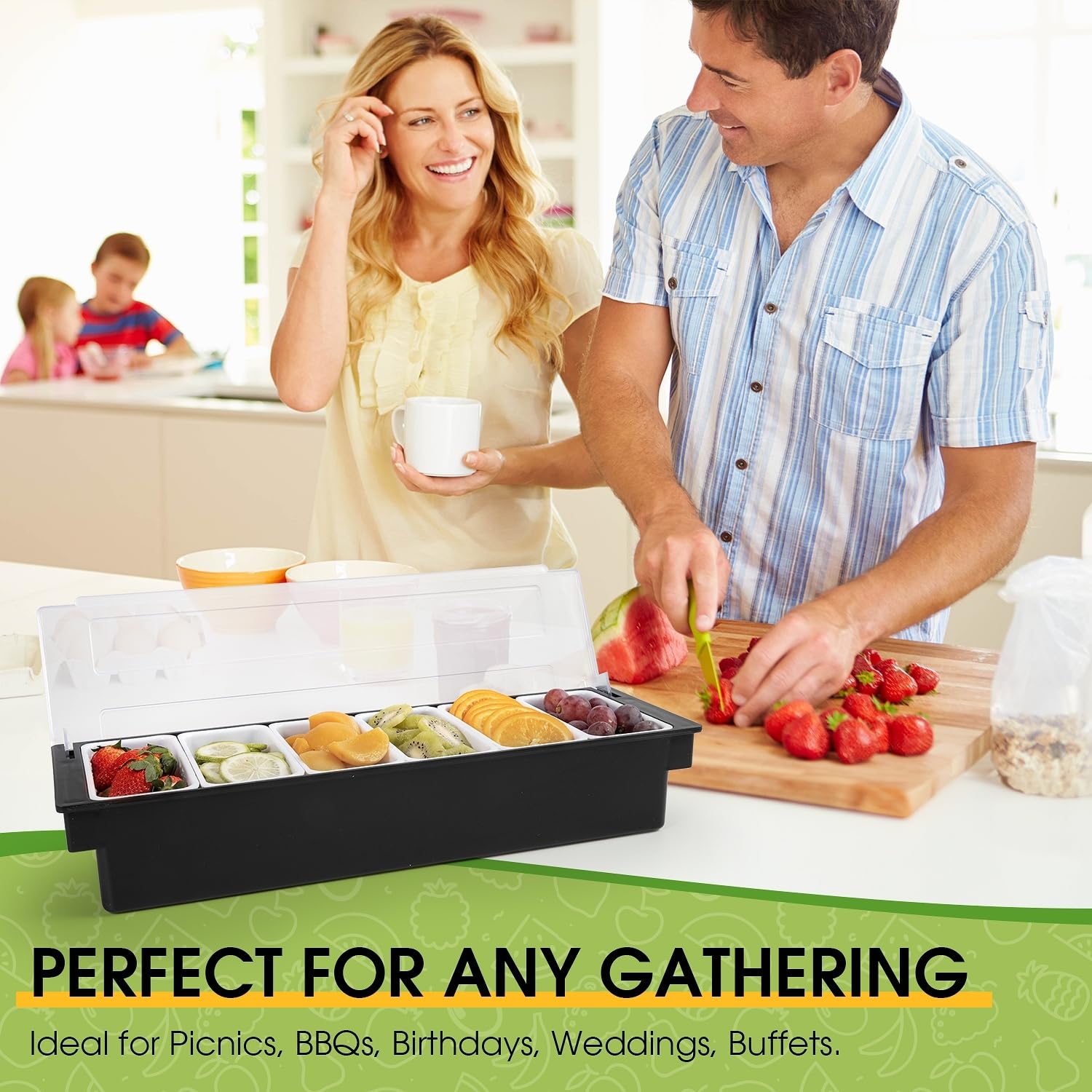 Bar Top Voedsel Kruiderij Dispenser Container met Deksel, 6 Tray Plastic Garneer Station voor Fruit, Veggie en Salade - IJs Gekoelde Topping Organizer voor Thuis en Restaurant Benodigdheden