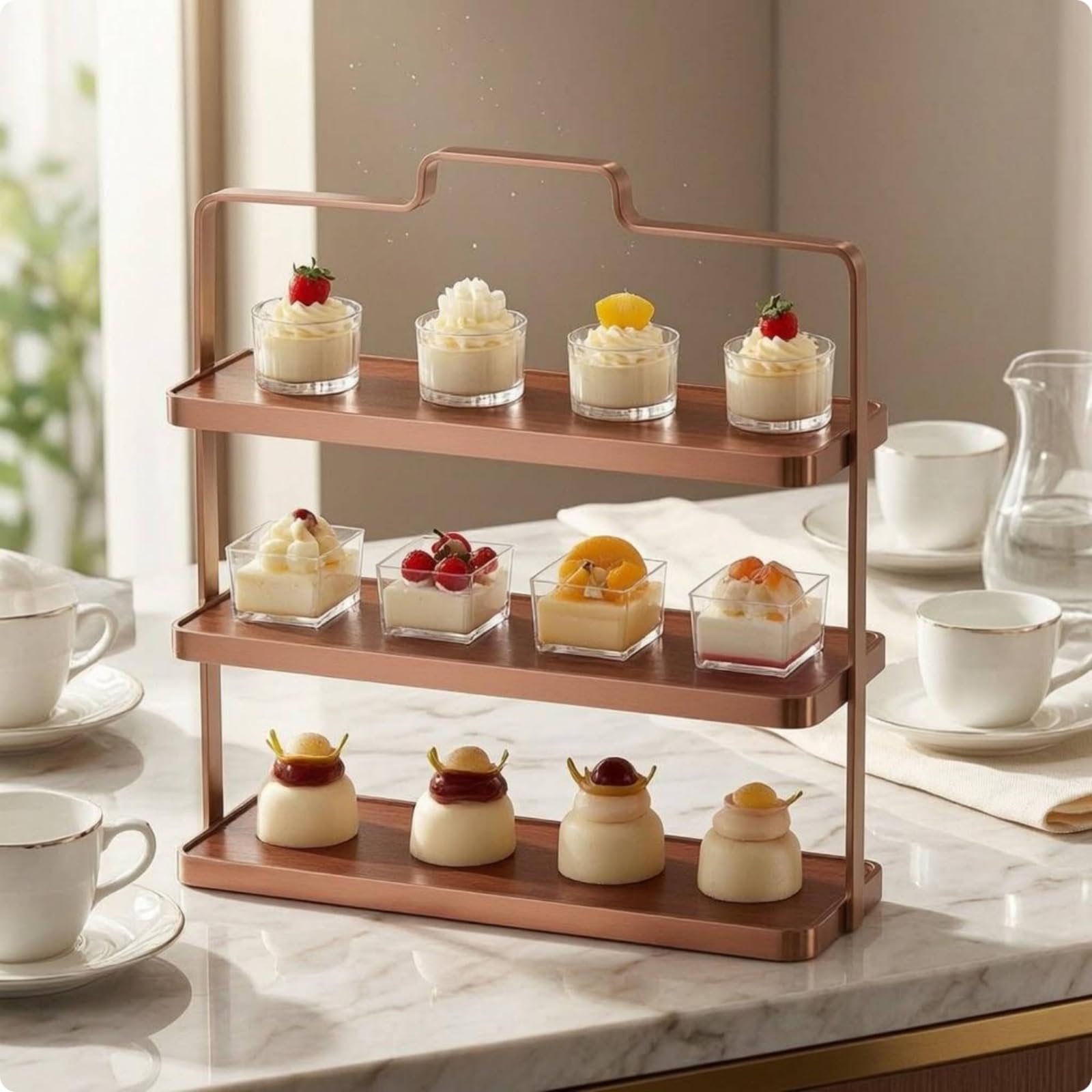 predolo Expositor Postres Triple Niveles Acero Inoxidable Expositor Cupcakes 3 Niveles Tono Madera Artículo Decorativo , Oro Rosa , Mediano