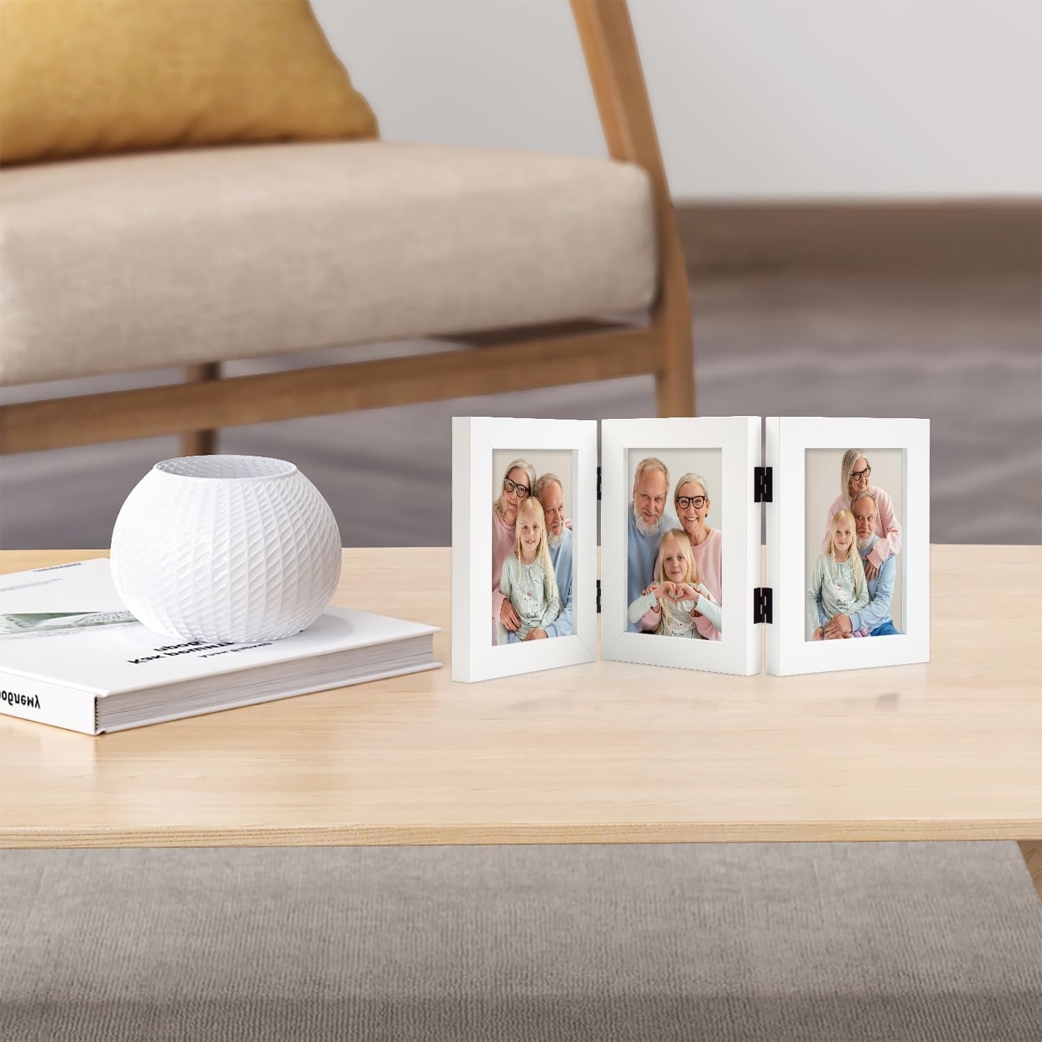 Frametory, 4x6 Triple Picture Frames 3 Photo Frames Collage - Real Glass - Engineered Wood Triple Folding Frame - Tabletop Vertical Display (White, 2 Pack)