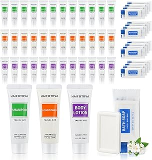 40 Pcs 4-IN-1 Hotel Soaps and Toiletries Bulk Set,4-Piece Set Mini Bulk Travel Size Toiletries Set 1 oz each Shampoo,Conditioner, Body Lotion and 0.53 oz Soap Hotel Supplies for Guests,Homeless