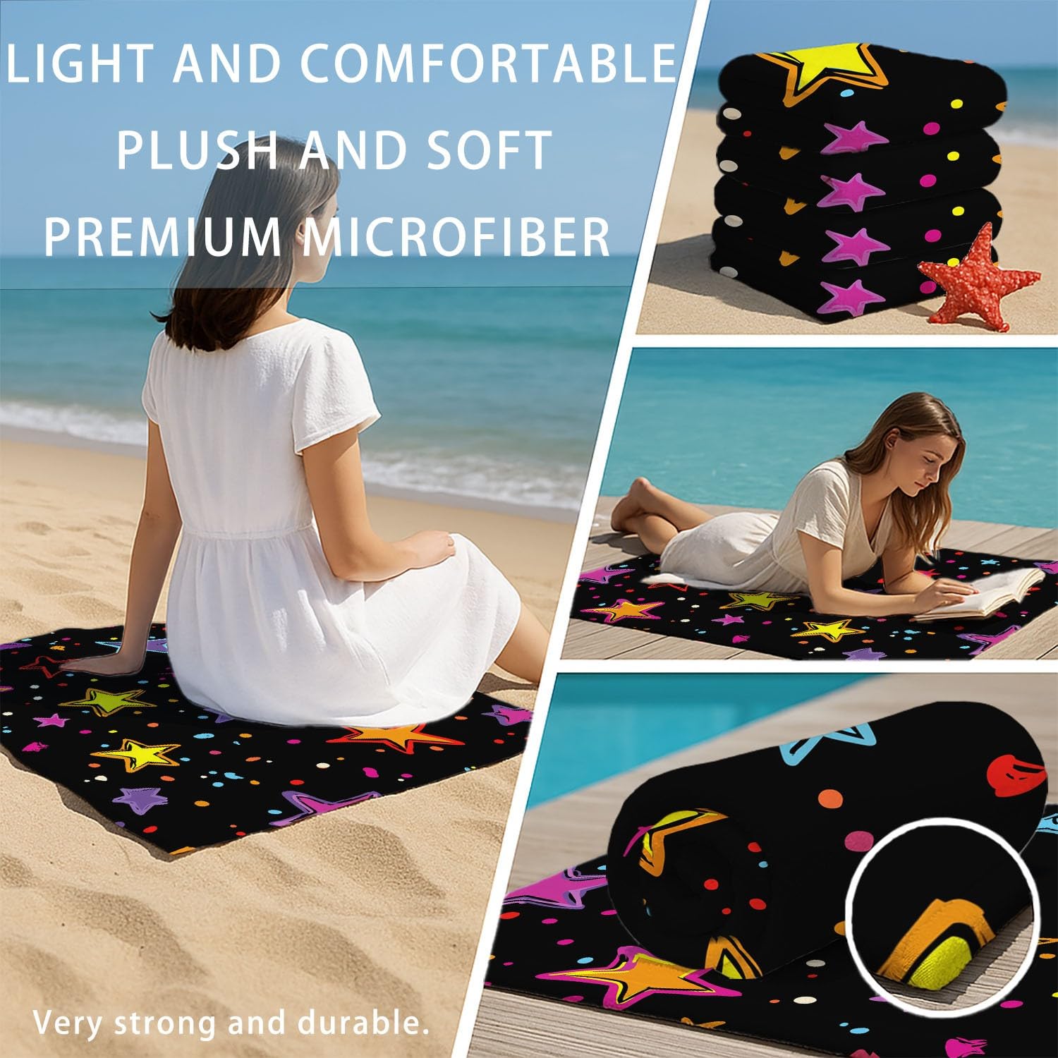 Générique Serviette de Plage Microfibre 180 x 100 CM,Drap de Plage Original, Nuit étoilée, Couverture de Plage Absorbante,Couverture de Bain Cartoon, Etoiles, Pois