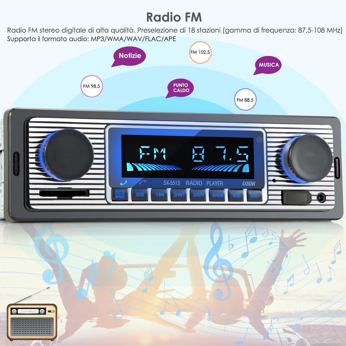 Autoradio Bluetooth,Stereo Auto Bluetooth, Autoradio 1 Din Radio Bluetooth Auto Supporta Vivavoce Lettore MP3/Radio FM, USB Per La Riproduzione Di Musica USB/WMA/WAV/TF Multimediale Telecomando